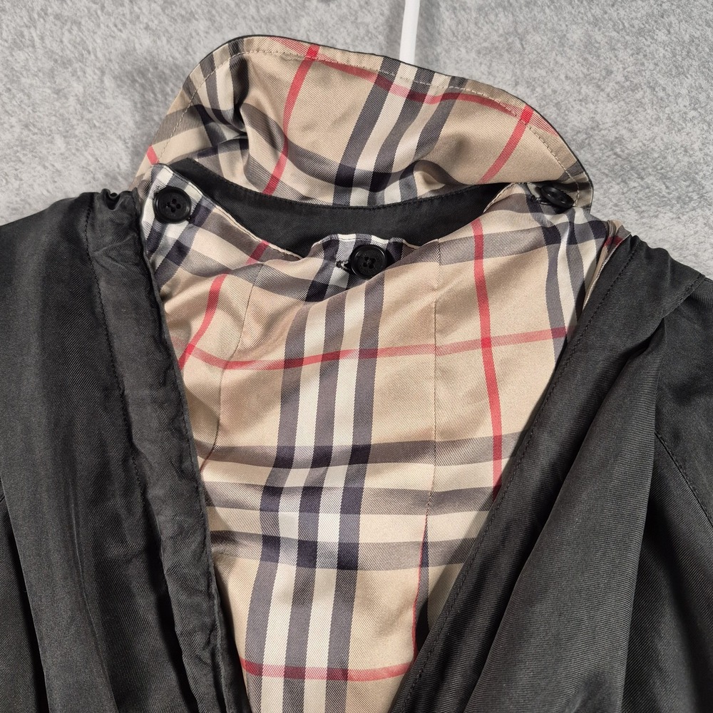 Burberry Silk Hooded Car Coat Jacket Nova Check Cuff Women's L Black Lightweight - Picture 9 of 9